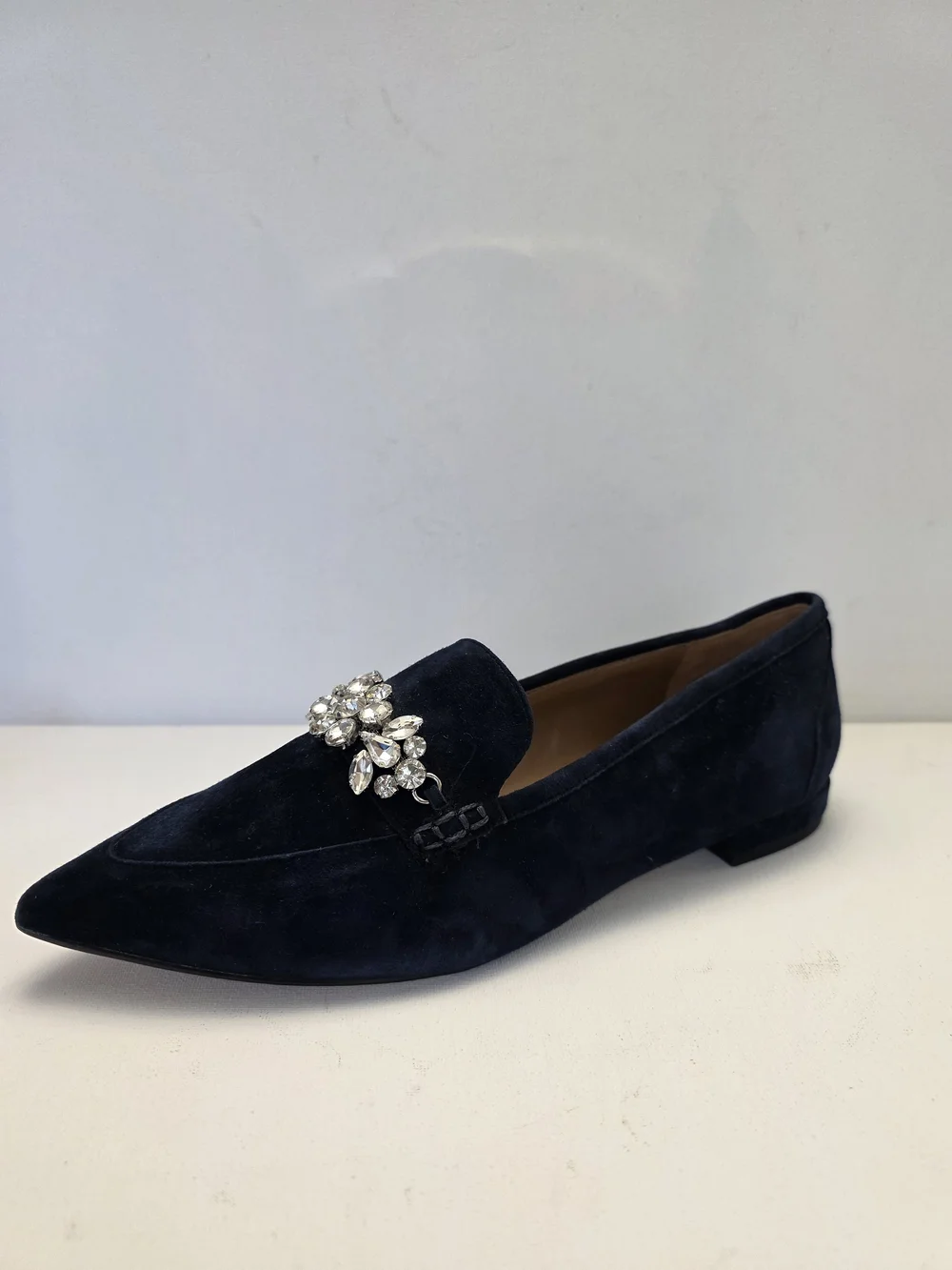 Talbots Navy Suede Pointed Toe Loafer with Crystal Brooch